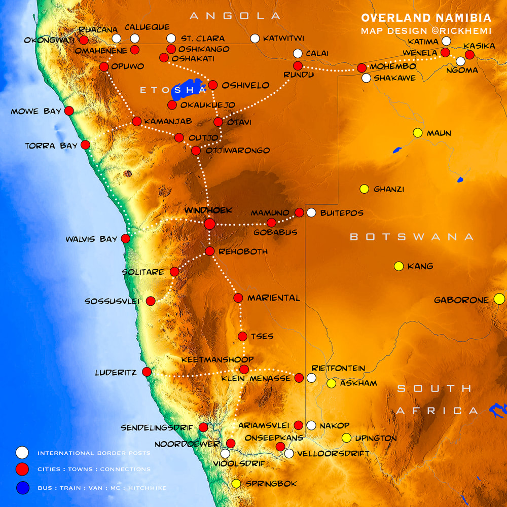 Namibia overland travel & transit routes, land border crossings, map design by Rick Hemi