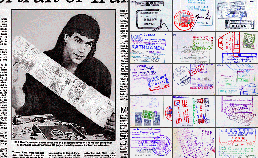 solo overland travel offshore. classic additional passport extension pages, original visa stamp images © by Rick Hemi