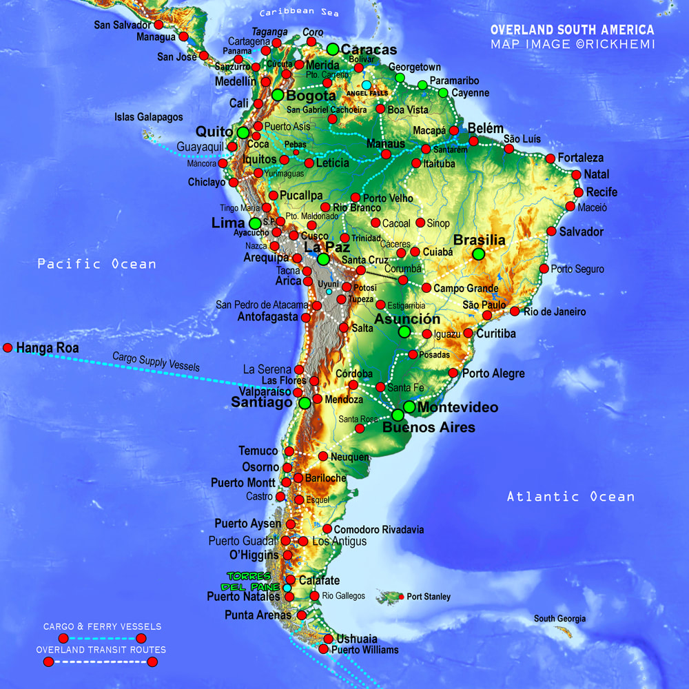 solo overland travel 2020s, south America overland, bush buses & self-driving, image map design by Rick Hemi